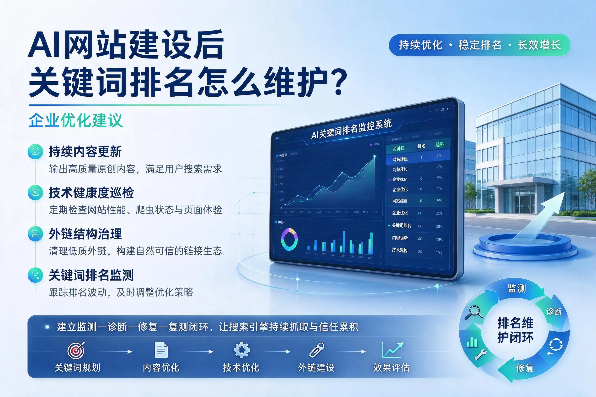 AI网站建设后关键词排名怎么维护？泰州企业优化建议